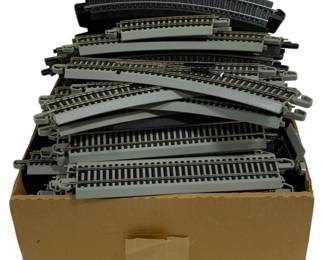 1613 - Box Lot HO Scale Train Tracks (Description): A box lot of HO scale model train tracks. The  assortment includes both straight and curved  track sections with gray and black plastic  roadbeds. The collection contains numerous  pieces suitable for building or expanding a model railroad layout.