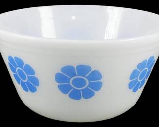 1178 - Vintage Federal Blue Daisy Bowl 4"x8" (Description): Vintage Federal Blue Daisy bowl in white milk  glass featuring a cheerful blue daisy  pattern around the exterior. This classic  mid-century mixing bowl showcases the iconic  floral design that made Federal Glass Company's kitchenware so popular. Measures 4  inches tall by 8 inches in diameter.