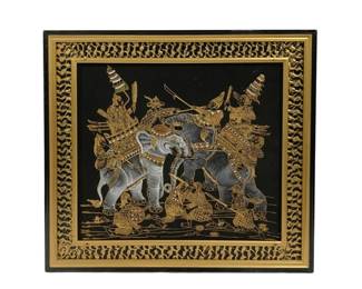 4279 - Framed Thai Silk Screen-Printed on Black Fabric (Description): 25 x 23.5 - missing glass