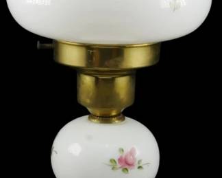 650 - Hand Painted Milk Glass Lamp 13.5" (Description): Hand painted milk glass lamp featuring  delicate floral decoration. The lamp has  brass fittings and a decorative scalloped  milk glass base. Measures 13.5 inches in  height. Used as is electric/electronic/mechanical item. No  guarantee all components present, untested.
