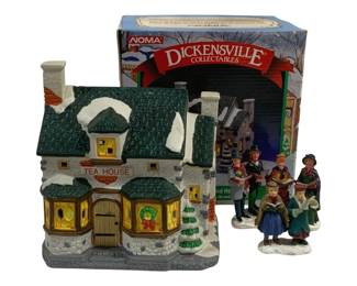 6637 - Dickensville Lighted "Tea House" w/ Carolers (Description): in Box. Used as is electric/electronic/mechanical  item. No guarantee all components, untested.