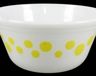 1177 - Vtg Federal Yellow Polka Dot Bowl 3.5"x7" (Description): Vintage Federal yellow polka dot bowl in  white milk glass. The bowl features a  cheerful pattern of yellow polka dots in  varying sizes arranged in a decorative band  around the exterior. Measures 3.5 inches tall by 7 inches in diameter.