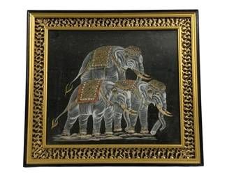 4306 - Framed Thai Silk Screen-Printed on Black Fabric (Description): Under Glass. 24 x 23
