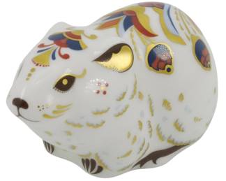 797 - Royal Crown Derby Bank Vole Paperweight (Description): Royal Crown Derby bone china paperweight in  the form of a bank vole. The figurine  features the classic Imari color palette with  gold, cobalt blue, red, and brown decorative  accents on a white ground. Fitted with a gold stopper, indicating first quality.  Measures 2 inches.