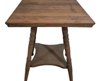 1419 - Vintage Square Parlor Table (Description): Square parlor table featuring turned legs and  a lower shelf. The table measures 30 inches  in height by 24 inches by 24 inches.