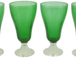 1012 - 4 Anchor Hocking Boopie Water Goblets (Description): Set of four vintage Anchor Hocking "Boopie"  water goblets featuring emerald green conical  bowls atop clear glass bases with the  distinctive textured "Burple" pattern. Each  goblet measures 6.5" tall.
