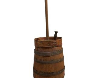 1456 - Vintage Wood Butter Churn w/ Plunger - 23.5 x 11 (Description): w/ churn it's 46" tall Constructed of tightly fitted wooden staves  held together by metal bands and includes a  Plunger and Guide Peg.