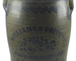596 - 19th C Williams & Reppert Greensboro PA Crock (Description): A 19th century stoneware crock by Williams &  Reppert of Greensboro, Pennsylvania. This 3  gallon vessel features the maker's impressed  mark and cobalt blue decoration. Measures 14  inches in height.
