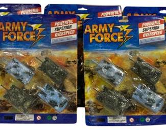 1629 - 5pc Lot Army Force Military Tank Playsets (Description): A lot of five Army Force playsets, each in  original packaging. The sets feature  military-themed toys including miniature  tanks and vehicles. The packaging displays  "Army Force" branding with "Powerful Superior Overspeed" text and a desert combat one  backdrop. All five sets remain sealed on  their original blister cards.