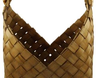 640 - Loft Wood Basket 14"x11"x9" (Description): Loft wood basket featuring a woven design  with braided handle. Measures 14 inches by 11  inches by 9 inches.