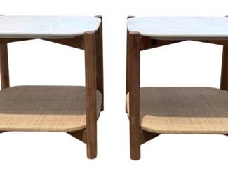 35 - Pair of Contemporary Marble Top Side Tables (Description): with woven lower shelf - 22 x 18 x 25