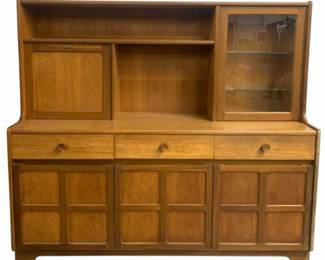 6234 - MCM Teak Vintage Backbar Cabinet by Nathan (Description): 54 x 60 x 18, Matches Lot# 6238, wear  consistent with age, has drop down bar door,  silverware liner in drawer
