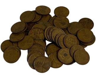 1561 - Lot of 58 Wheat Pennies (Description): A lot of 58 United States wheat pennies.  These Lincoln wheat cent coins feature the  distinctive wheat ears design on the reverse  side and date from the early to mid-20th  century. The coins show varying degrees of circulation wear with characteristic bronze  patina.