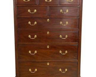 7576 - Henkel Harris New Market High Chest Mahogany (Description): 9 Drawer Chest of Drawers 66 x 45 x 24 - some  scratches and wear consistent with age -  keys included