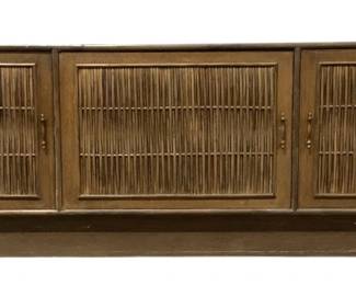 20 - Vintage 1960s Split Bamboo Credenza (Description): detailed reed front panels, 28 x 94 x 20