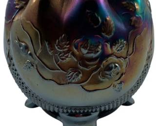 696 - Vtg Northwood Carnival Glass Rose Bowl (Description): Likely in an amethyst or purple iridescent  finish - it features the "Fine Cut and Rose"  pattern with a distinctive ruffled or crimped  rim. - It stands 4" tall