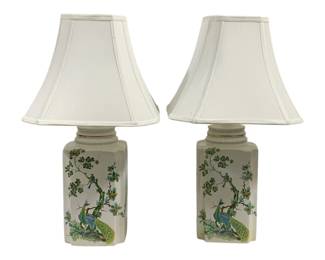 1003 - Pair Chinoiserie Peacock Table Lamps 23" Tall (Description): Used as is electric/electronic/mechanical  item. No guarantee all components, untested.