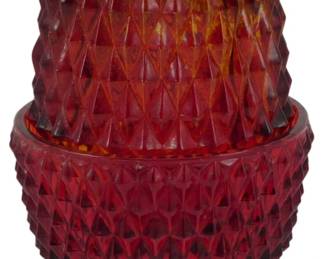 873 - Indiana Glass Amberina Diamond Point Lamp (Description): Vintage Indiana Glass Amberina Diamond Point  fairy lamp featuring a two-piece design with  a removable shade that rests on a scalloped  base. The pressed glass displays the classic  diamond point pattern throughout, with the amberina coloring graduating from deep ruby  red at the base to warm amber and golden  tones toward the top. Measures 6 inches tall.