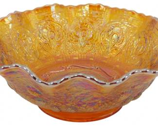 682 - Vtg Fenton Marigold Persian Medallion Bowl (Description): Vintage Fenton Marigold Persian Medallion  carnival glass dish featuring a rich  amber-orange iridescent finish with beautiful  pink and gold highlights at the center. The  bowl displays the classic Persian Medallion pattern with ornate scrollwork and floral  motifs throughout, complemented by a  scalloped ruffled edge. Measures 3 inches  tall by 8 inches in diameter.