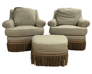 7710 - Pair Upholstered Club Chairs w/ Ottoman (Description): Jessica Charles Pair of upholstered club  chairs with matching ottoman. The set  features coordinating sage green  diamond-patterned fabric with elegant bullion  fringe trim along the bases. The chairs have rolled arms and comfortable cushioned backs.  Chairs measure 34inches wide by 31 inches  deep by 36 inches high. Ottoman measures 16  inches wide by 25 inches deep by 20 inches  high.