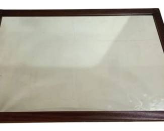 7647 - Wooden Framed Rectangular Mirror 45"x31" (Description): A rectangular mirror featuring a dark wood  frame with reeded detailing along the edges  and decorative rosette corners. The frame has  a rich mahogany-toned finish. Measures 45  inches by 31 inches.