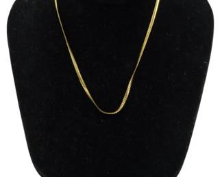 830 - 12Kt Gold Filled Herringbone Chain Necklace (Description): A 12Kt gold filled herringbone chain necklace  featuring a flat, flexible weave with a  subtle shimmer. The necklace has a sleek,  elegant profile suitable for everyday wear or  layering. Weighs 0.15oz.