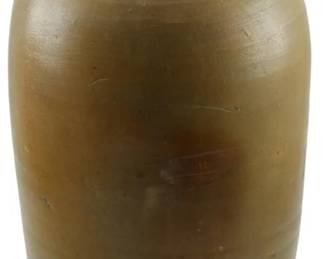 600 - Early VA Pottery 1.5 Gallon Stoneware Crock (Description): Early Virginia pottery stoneware crock with a  1.5 gallon capacity. This handsome  utilitarian piece features the characteristic  form and glaze typical of Virginia potters.  Measures 10 inches in height.