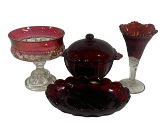 5942 - 4 Assorted Red Glass & Red/Clear Glass Items
