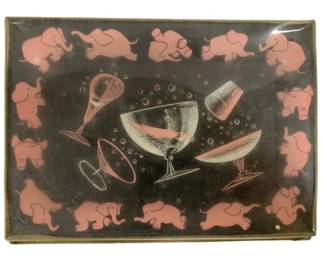 6928 - 1950s Dancing Pink Elephant Cocktail Tip Tray (Description): by Hazel Atlas, 6.5 x 4.5