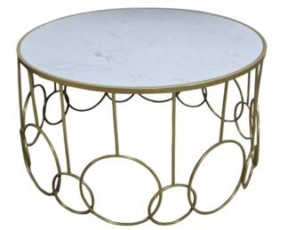 1403 - Three Hands Marble & Brass Cocktail Table (Description): Three Hands marble and brass cocktail table  featuring a circular marble top supported by  a decorative brass base with an interlocking  circular ring design. Measures 17 inches high  by 32 inches in diameter.