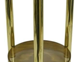 941 - Mid Century Brass & Glass Insert Side Table (Description): Mid Century modern side table featuring a  polished brass frame with cylindrical legs  and a two-tier design. The table has a dark  glass insert top and a smoked glass lower  shelf. The brass finish exhibits a warm golden tone characteristic of the period.  Measures 17" x 14".