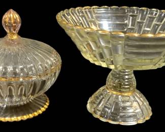 6736 - 2 Clear Glass Compotes w/ Gold Trim - 6.5", 7" (Description): Tall