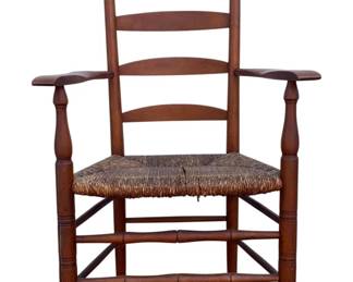 4977 - Primitive Ladder Back Arm Chair - 42 x 24 x 16 (Description): 1 of the Chords is Lose on Seat.