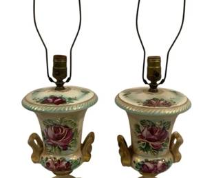 5592 - Pair Porcelain Urn Painted Lamps - 30.5" Tall (Description): Used as is electric/electronic/mechanical  item. No guarantee all components, untested.