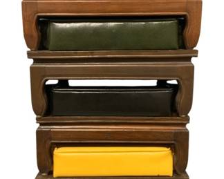 17 - Mid-Century Stacking Set of 4 Nesting Stools (Description): Asian inspired carved wood bases with square  legs, upholstered cushions in 4 different  colors. each stool measures 9 x 17 x 17
