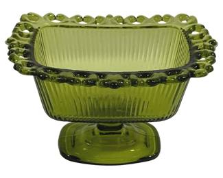 5527 - Green Indiana Glass Lace Edge Candy (Description): 7.5 x 5 x 5