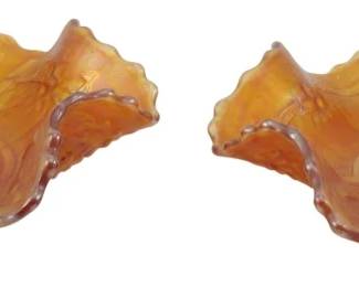723 - 2 Fenton Marigold Sailboat Carnival Bowls (Description): Two vintage Fenton marigold sailboat carnival  glass bowls featuring ruffled crimped edges  and an iridescent orange-gold finish. The  bowls display the classic sailboat pattern  with beautiful carnival glass luster. Each measures 2 inches tall by 10 inches in  diameter.