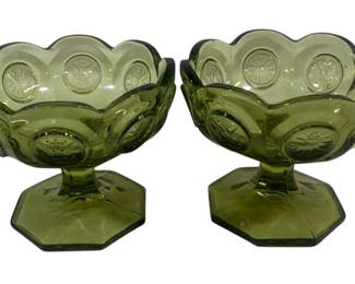 5893 - 2 Fostoria Green Coin Glass Compotes (Description): 4.5 x 3.5