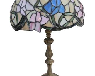 1436 - Stained Glass Lamp 27" (Description): Stained glass lamp featuring a decorative  shade on an ornate metal base. Measures 27  inches in height. Used as is  electric/electronic/mechanical item. No  guarantee all components present, untested.