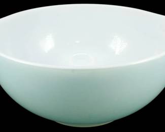 1167 - JAJ Pyrex Robin Egg Blue Mixing Bowl (Description): JAJ Pyrex mixing bowl in robin egg blue. This  vintage bowl features the classic Cinderella  style with dual pour spouts and tab handles  on either side. The bowl has a smooth glossy  finish in a soft pastel blue color with white interior. Measures 4 inches tall by 9 inches  wide by 10.5 inches in length including  handles.