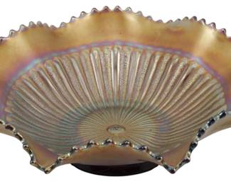 689 - Northwood Amethyst Stippled Rays Bowl 3x9 (Description): Vintage Northwood Amethyst Stippled Rays  carnival glass bowl featuring a radial  sunburst pattern with stippled texture  emanating from the center. The bowl displays  rich iridescent marigold-amethyst coloring with characteristic carnival glass luster.  The rim features a crimped pie crust edge.  Measures 3 inches tall by 9 inches in  diameter.