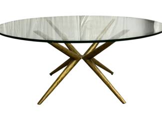 7521 - Mid-Century Glass Top Cocktail Table (Description): Featuring a Circular Glass Top Supported by a  Scupltural Gold Metal Base. 18 x 42