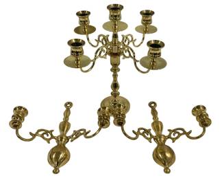 1001 - 3 Brass Candelabras - 10 x 9, 11.5" Tall (Description): pair wall sconces marked made in England