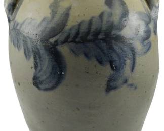 615 - Early Virginia Dec. Stoneware 2 Gallon Crock 11.5" (Description): Early Virginia stoneware 2 gallon crock  featuring traditional cobalt blue brushwork  decoration. This handcrafted piece showcases  the characteristic style of early Virginia  pottery with applied handles. Measures 11.5 inches in height.