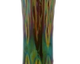 667 - Vtg Iridescent Green Carnival Glass Vase (Description): Vintage iridescent green carnival glass vase  featuring a distinctive ruffled rim and  elegant tapered form. Measures 11 inches  tall.