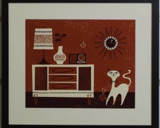 9129 - Mid Century Modern Cat and Yarn (Description): 21.5 X 19