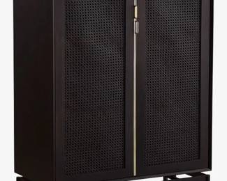 25 - Ebonized Floating Cane Front Cabinet (Description): double doors, black with gold accent,