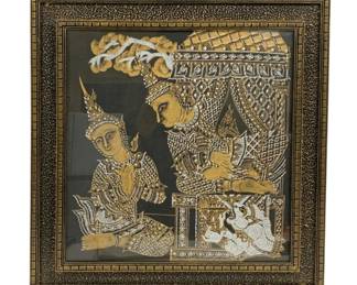 4298 - Framed Thai Silk Screen-Printed on Black Fabric (Description): Under Glass. 23 x 22