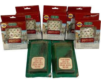 1645 - Group Miniature Christmas Lights (Description): A 2-piece lot of miniature Christmas lights.  The lot includes five Lemax Village  Collection 20 mini lights in multi-color,  featuring dual power capability and packaged  in original retail boxes. Also included are two packages of steady burning lights  designed for Christmas trees, garland,  wreaths, and more. All items appear to be in  original unopened packaging.