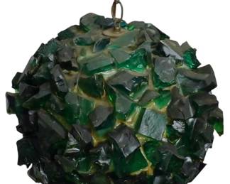 964 - Mid Century Chunky Lucite Swag Lamp 11" (Description): Mid Century chunky lucite swag lamp featuring  a spherical globe form composed of irregular  green and gray acrylic chunks embedded in a  resin base. The lamp hangs from a chain link  suspension. Measures 11 inches in diameter. Used as is electric/electronic/mechanical  item. No guarantee all components, untested.